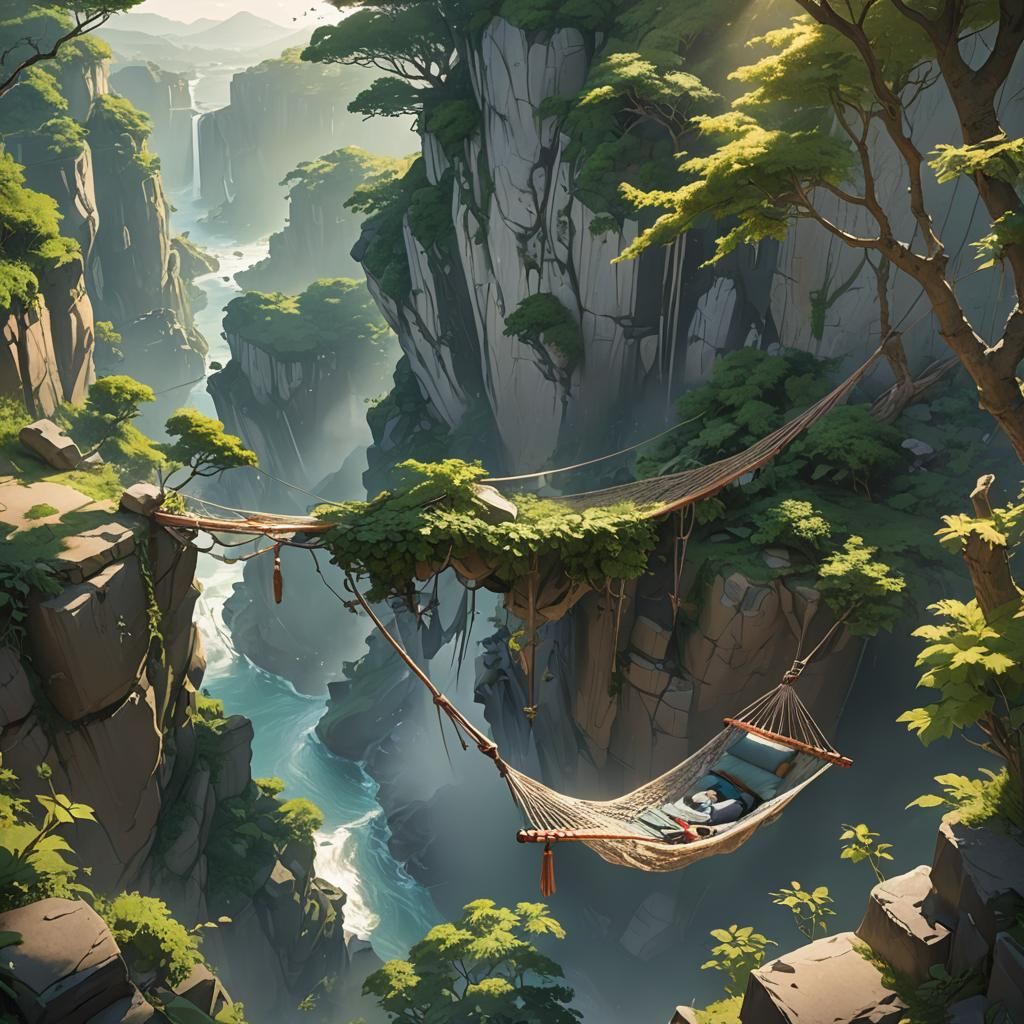 Cliffside Hammock in Hyper-Realistic Anime Style