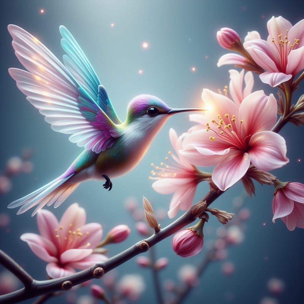 Hummingbird and Cherry Blossoms in Dreamy Enchantment