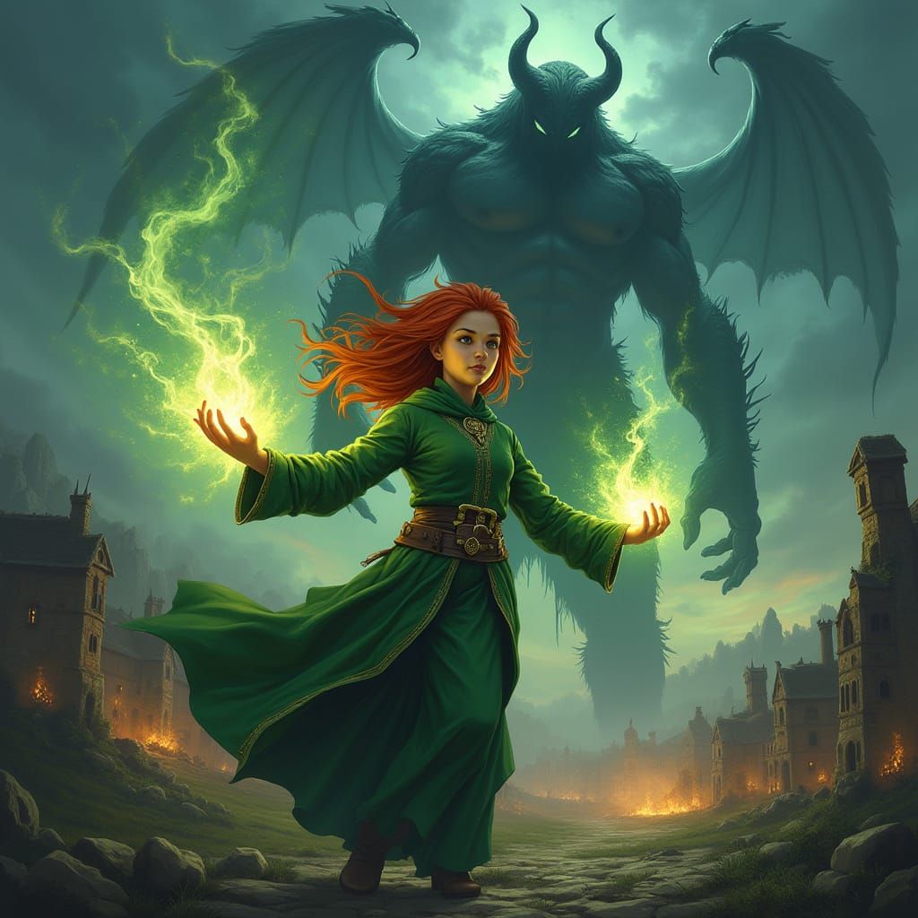 Enchantress Defends Village from Shadow Giant