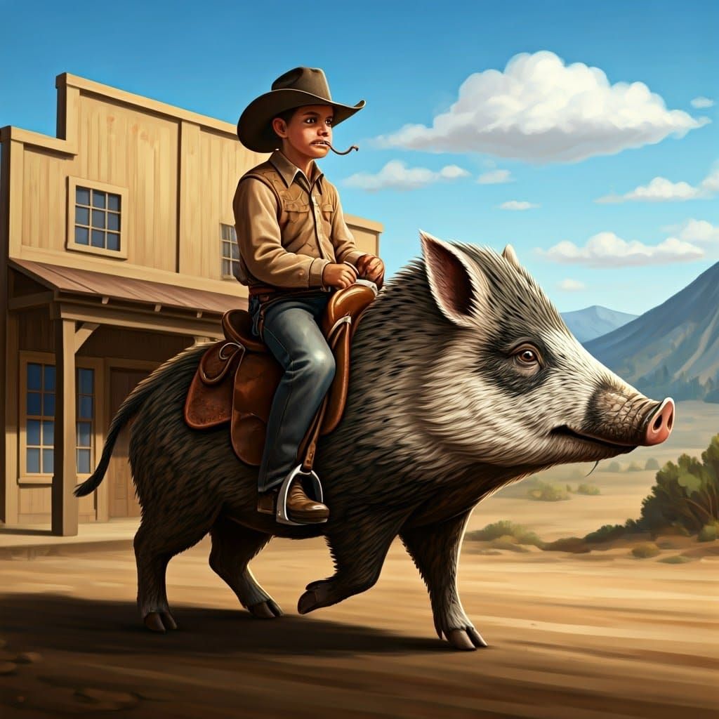 Snake Cowboy Rides Javelina into Town in the Wild West