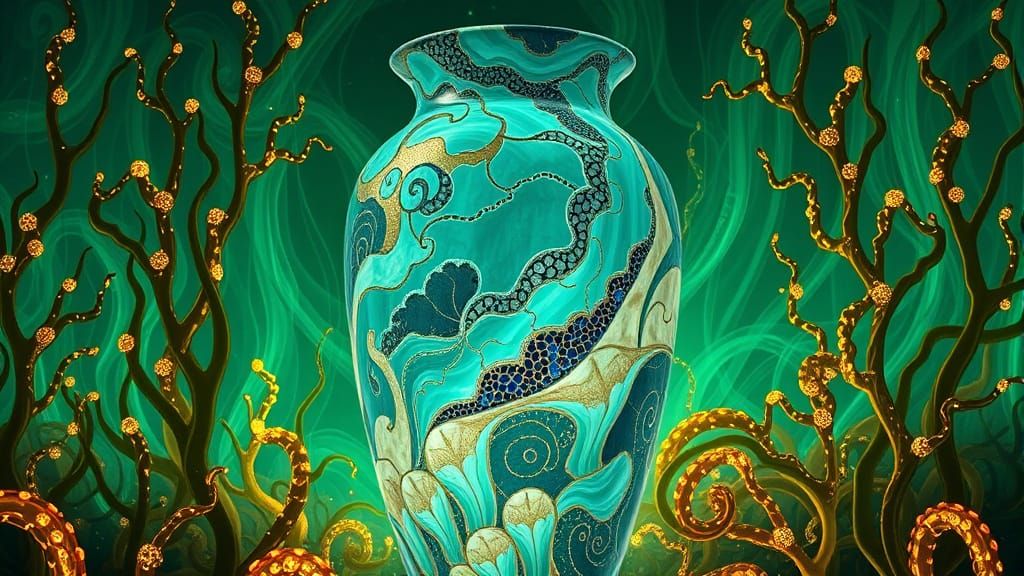 Kintsugi Vase Radiating Light in Kelp Forest