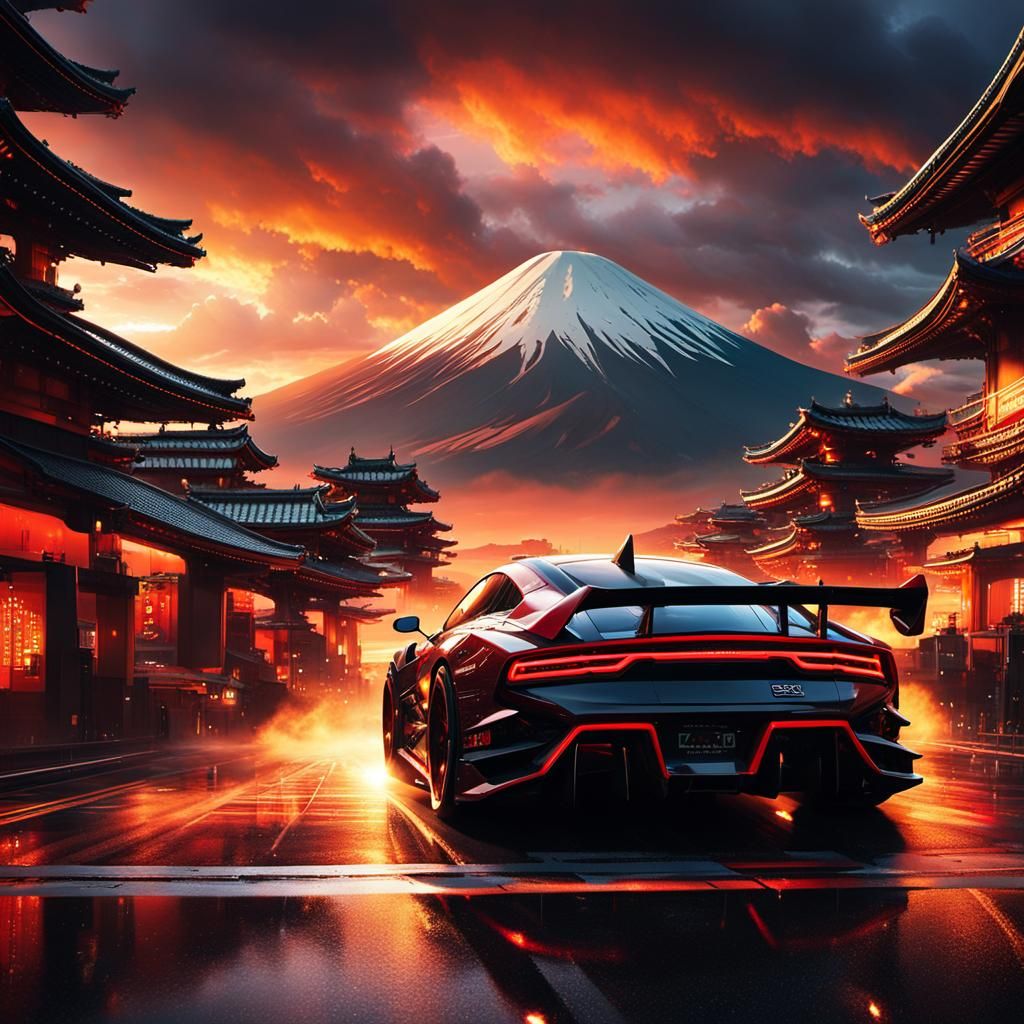 Cyberpunk Street Racing Car Speeds Down Tokyo Street with St...