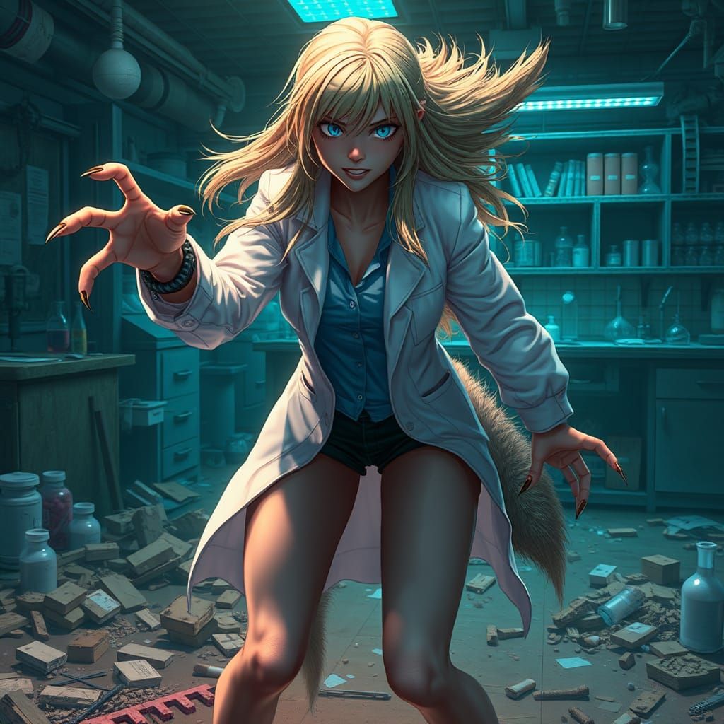 Werewolf Scientist Mid-Transformation in Anime Style