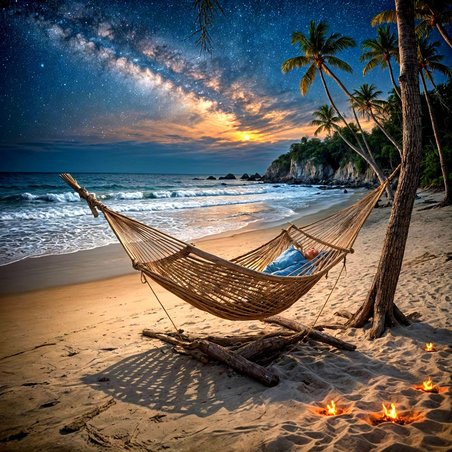 Secluded Beach with Hammock and Starry Night