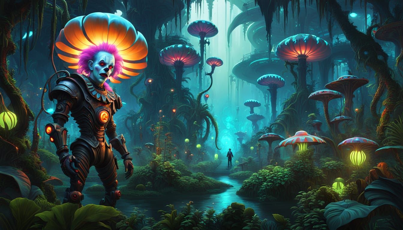 Biomechanical Clown in Alien Jungle Concept Art