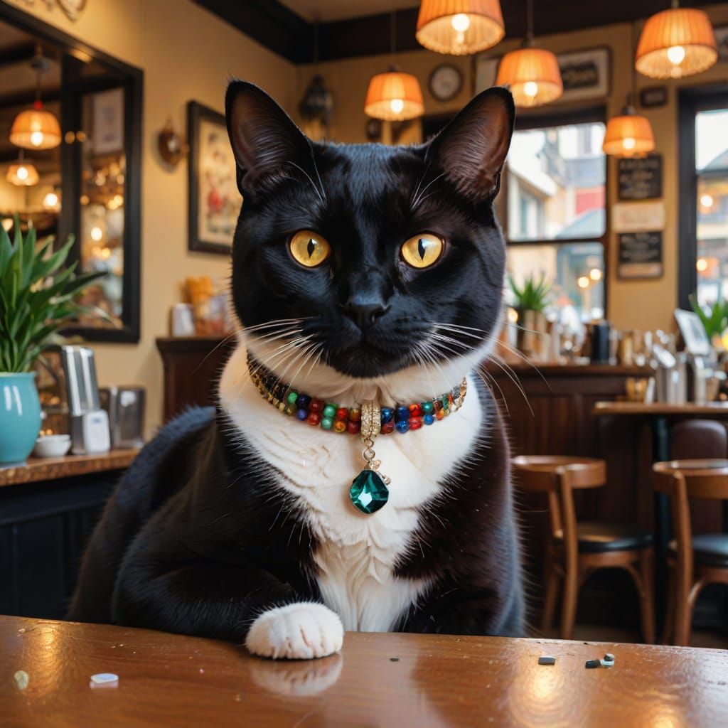 Regal Tuxedo Cat in Elegant Cafe Setting