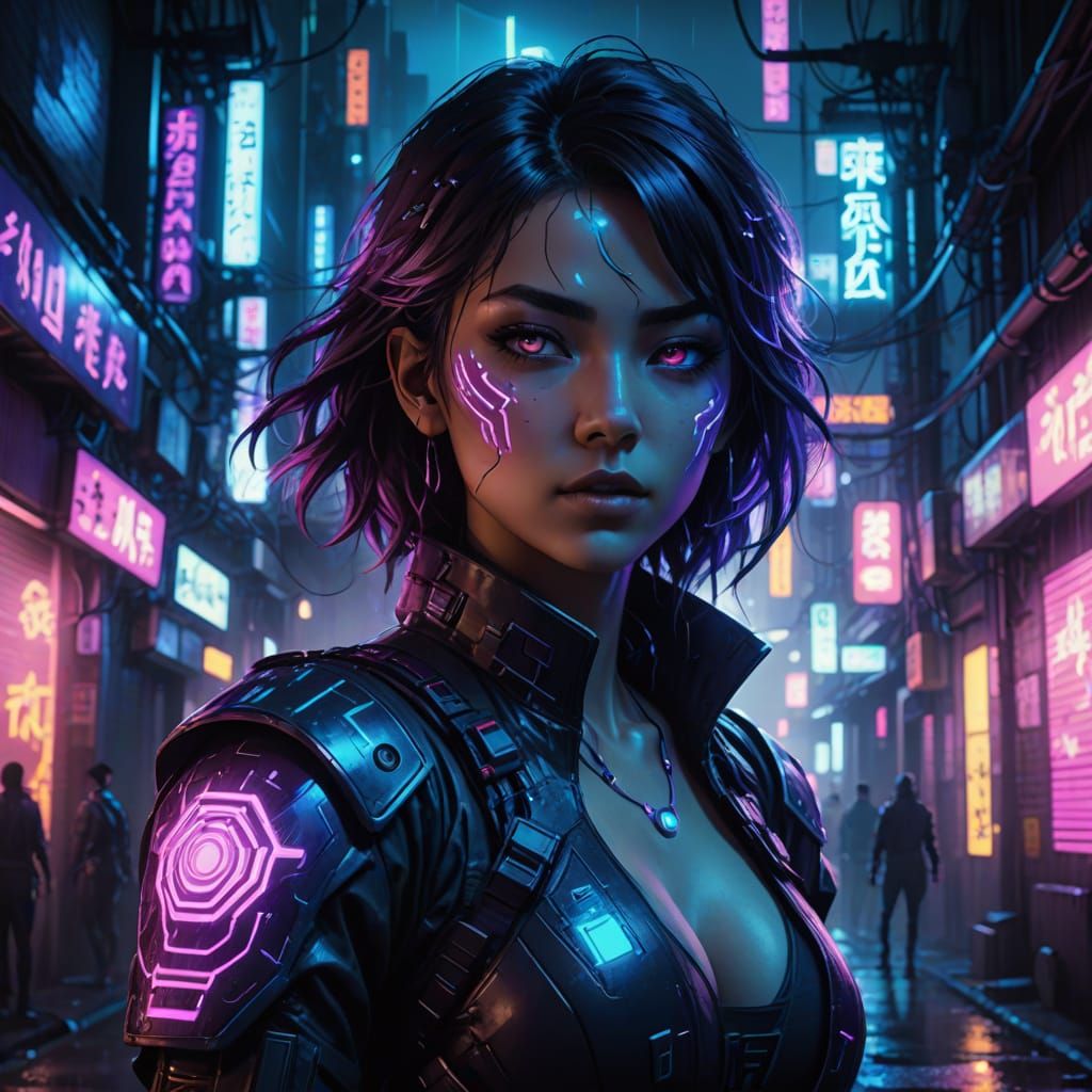 Cyberpunk Fantasy Warrior in Neon Noir Alleyway