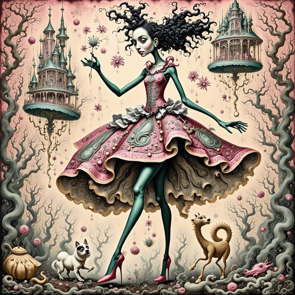 goth-punk harlequin-lady with long legs and long crimped hair,