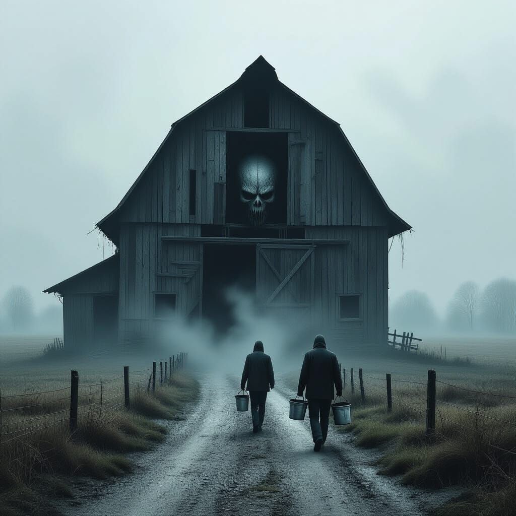 Grotesque Pain Creature in Dark Barn with Misty Field