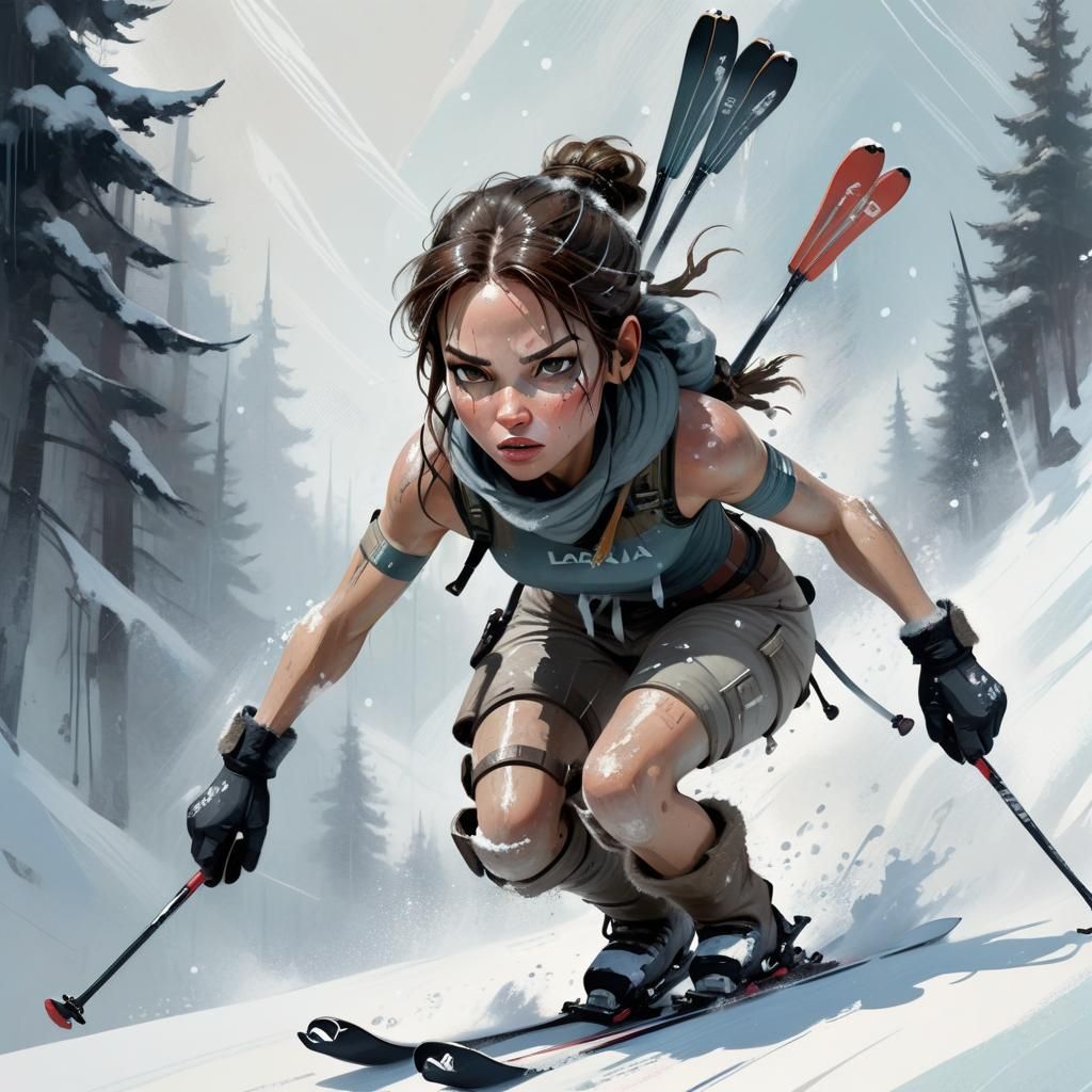 Lara Croft captured mid-skiing, even the cold cannot stop he...