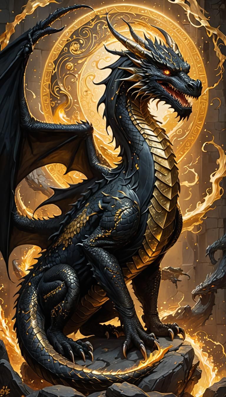 Black Dragon and Golden Dragon in Eastern Art Style