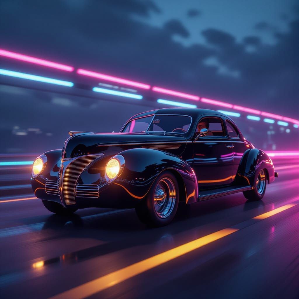 Art Deco Car Speeds Down Neon Synthwave Highway