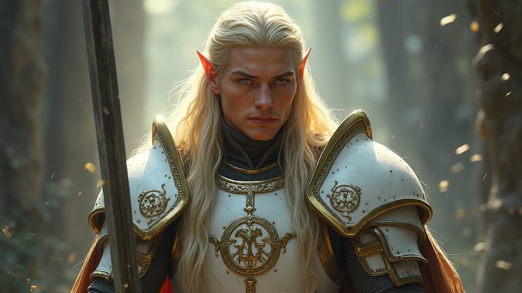 Elven Paladin in White and Gold Armor
