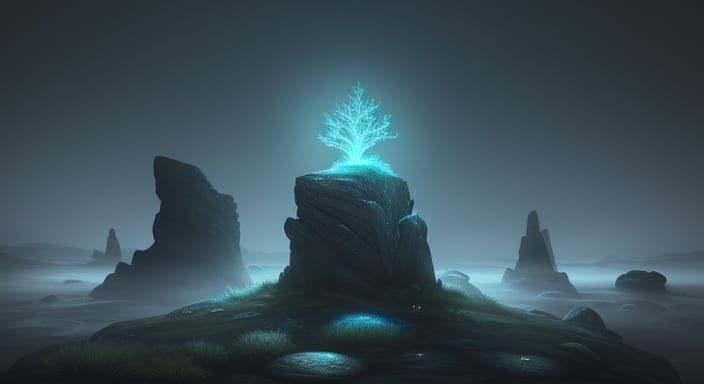 Ancient Stone with Glowing Runes in Moonlit Clearing