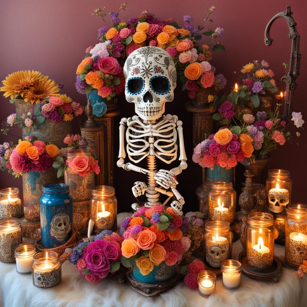 Steampunk Sugar Skull Virgen de Guadalupe with Candles