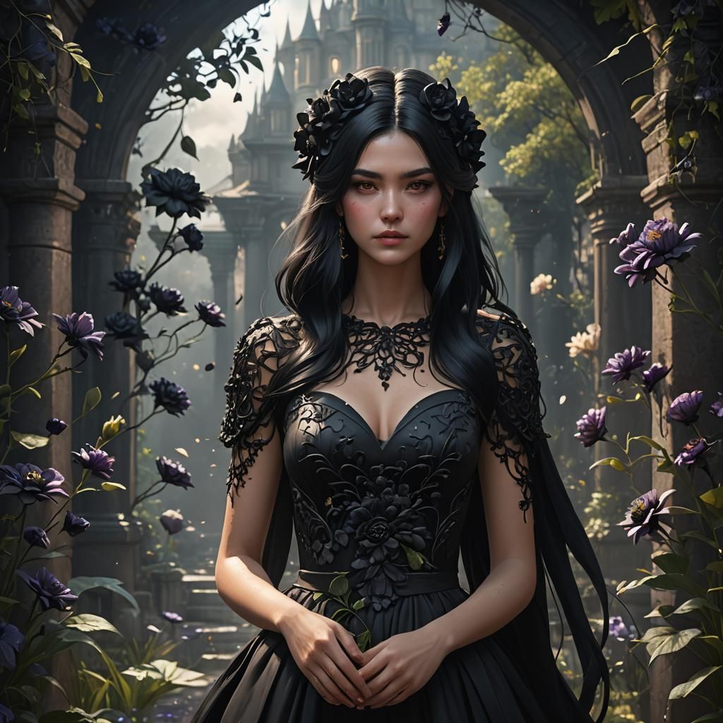 Girl with Black Flowers: Detailed Fantasy Art