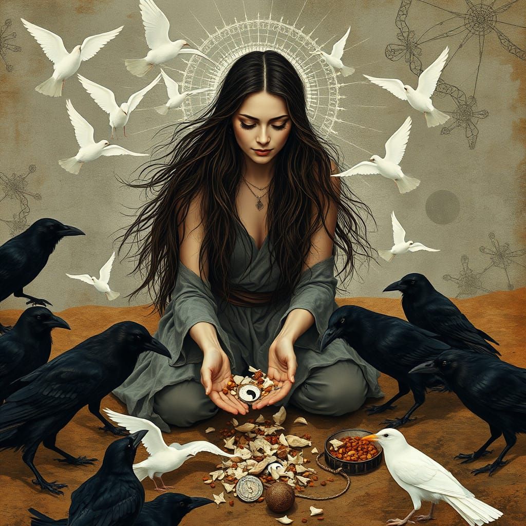 Serene Woman Surrounded by Crows and White Birds in a Dreaml...