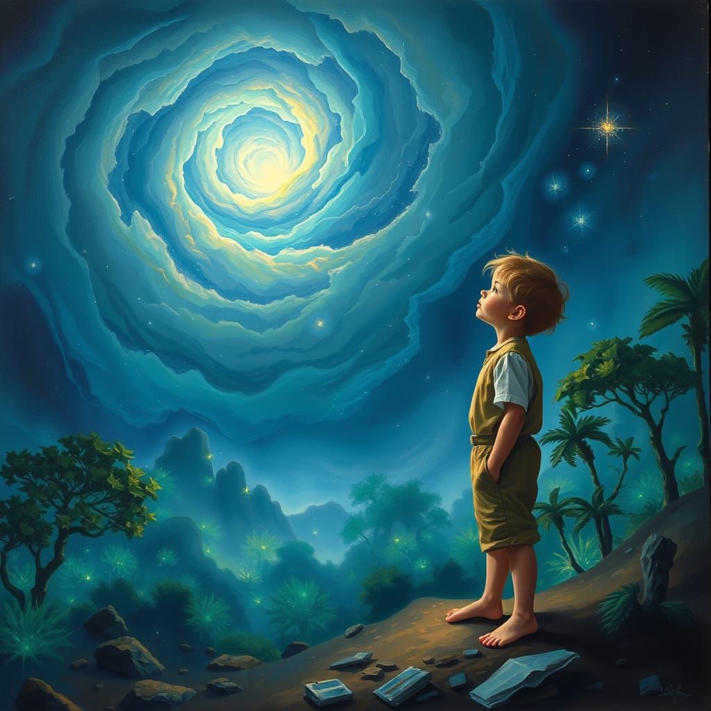 Boy Gazes at Glowing Alien Nebula in Oil Painting Style