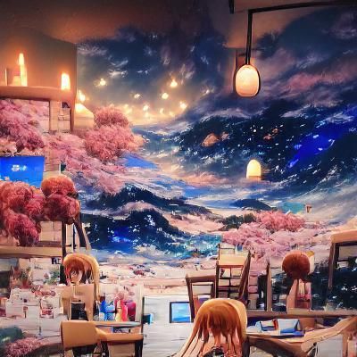 Cozy Anime Café with Starry Night Wallpaper