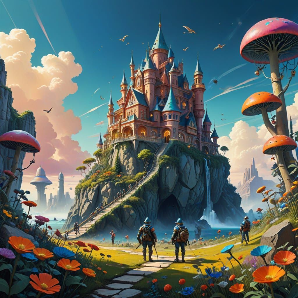 Gulliver Dwarfs Lilliputians in Futuristic Fantasy Landscape