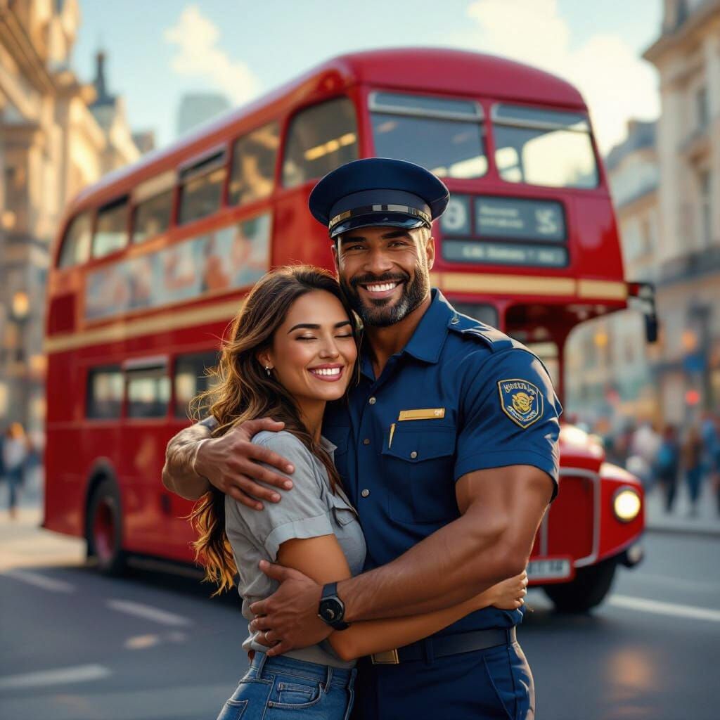 Bus Driver Hugs Woman Before Red Double-Decker