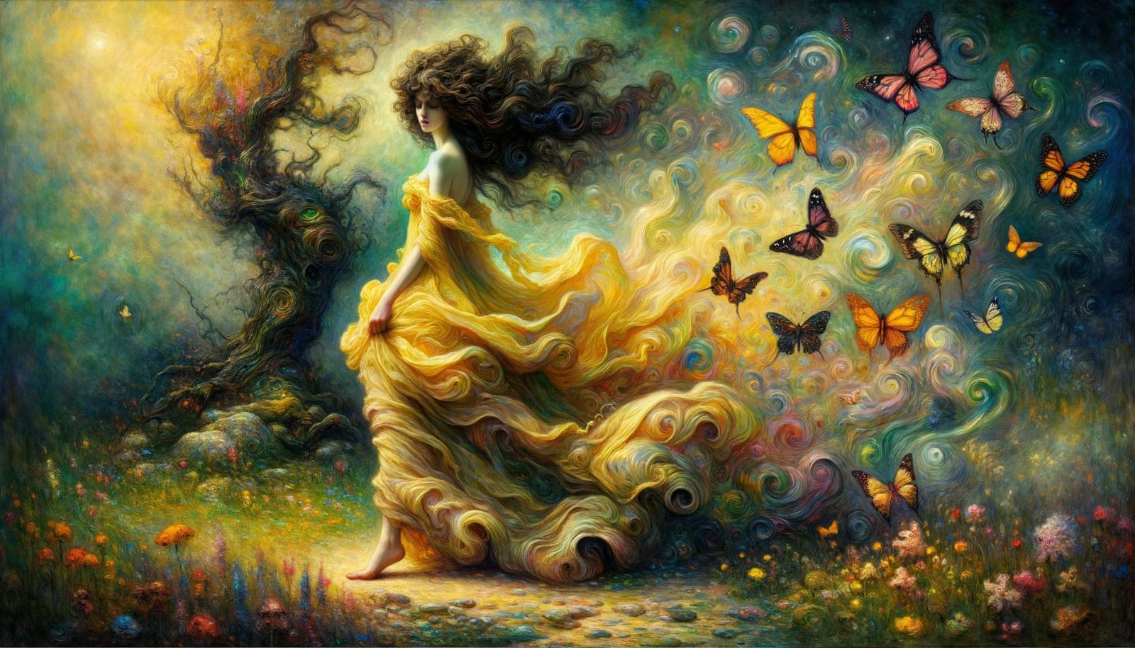 Mysterious Woman in Yellow Gown Awakens Nature