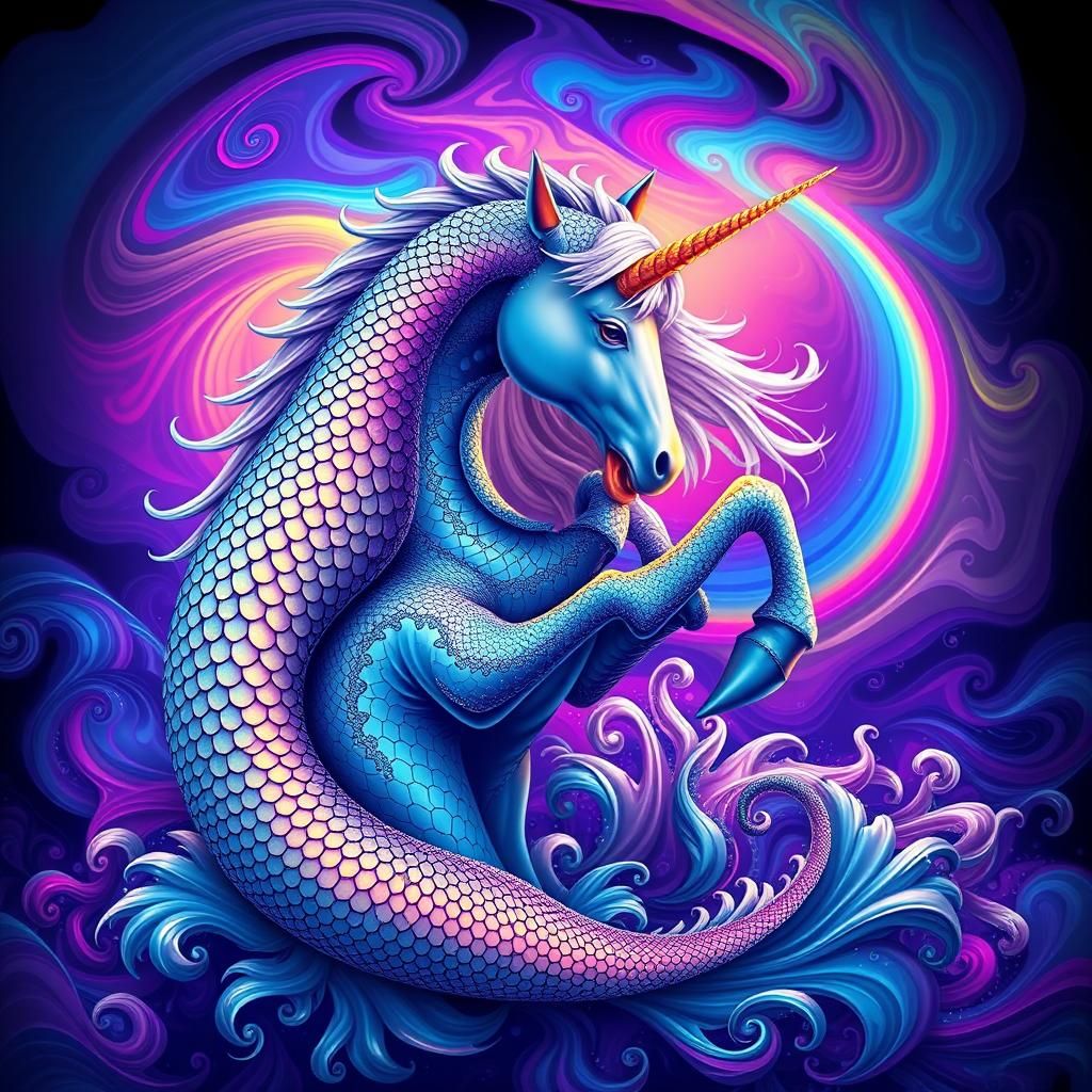 Sea Monster Embraces Unicorn in Fractal Dreamscape