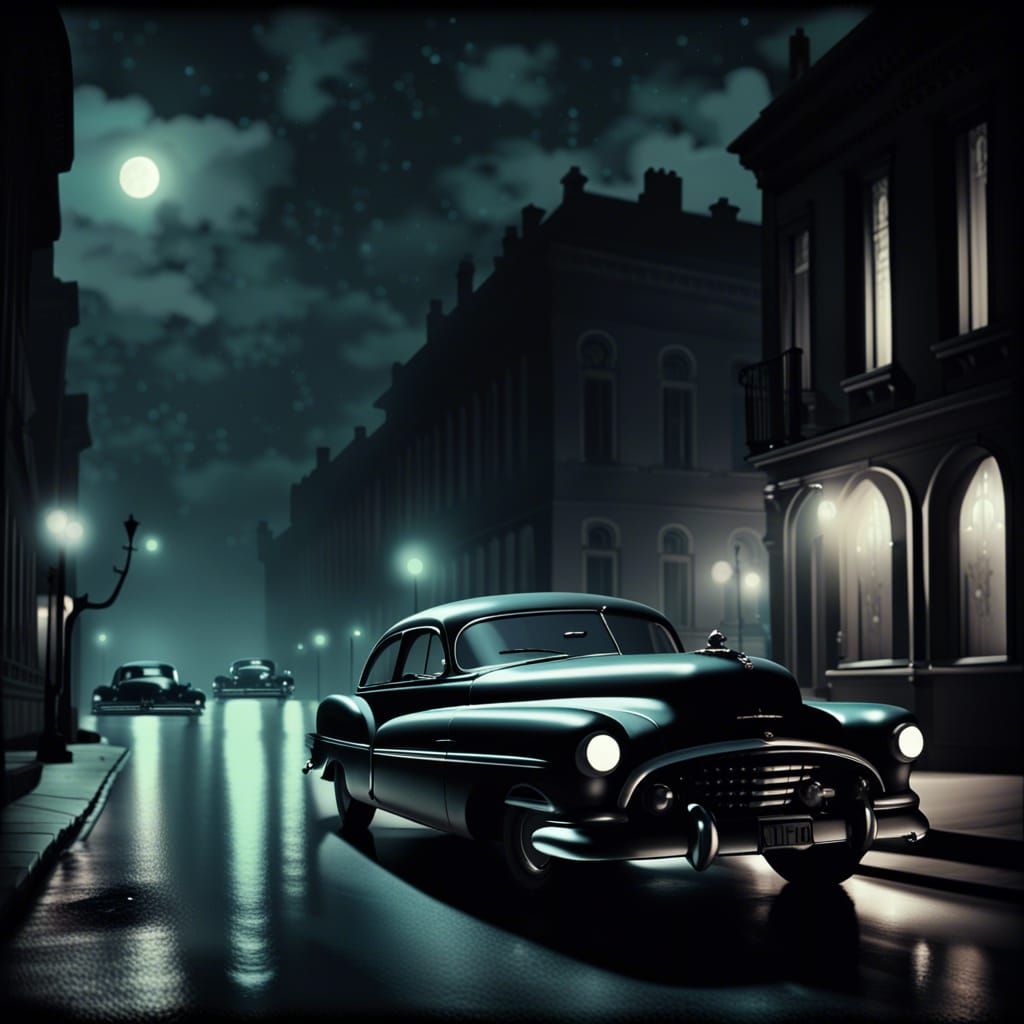 noir film scene, grotesque eerie 1950s classic cars in quiet...