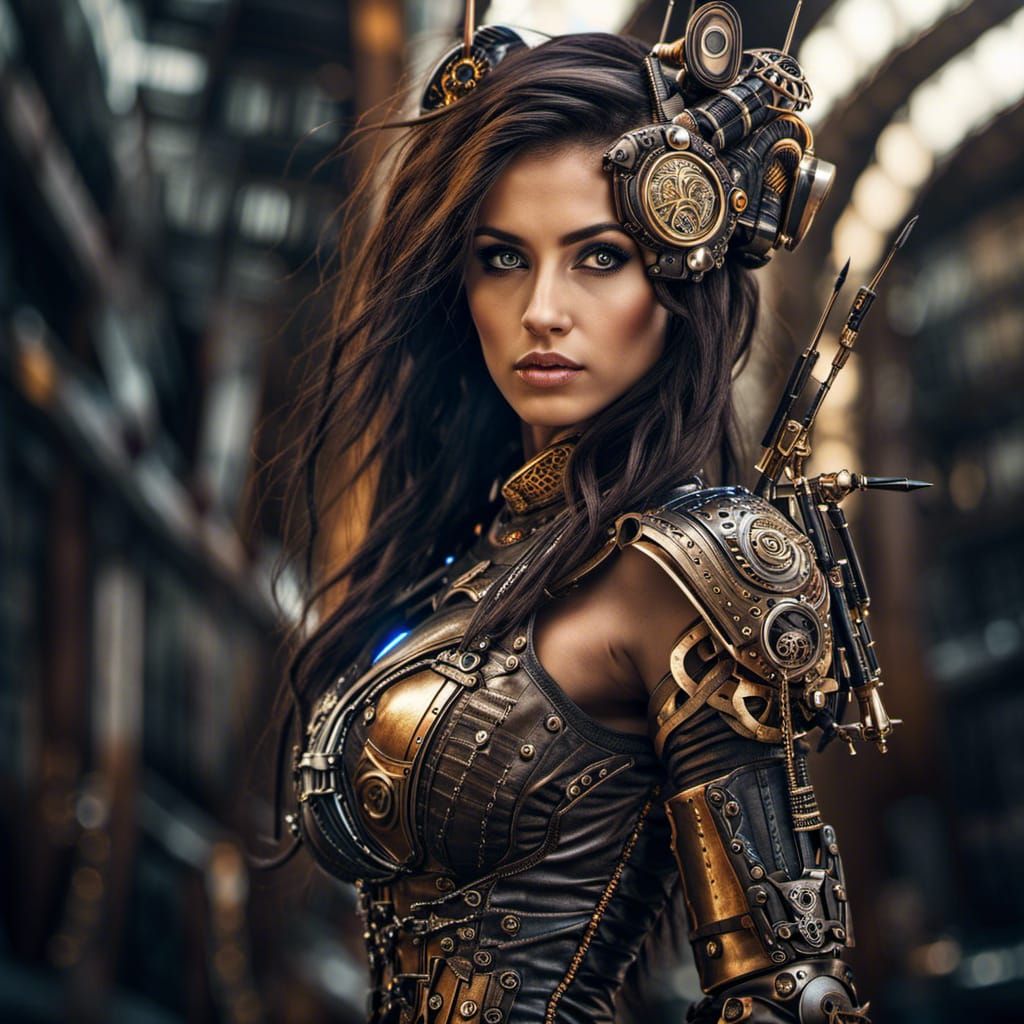 Brunette Cyber Warrior in Steampunk Style