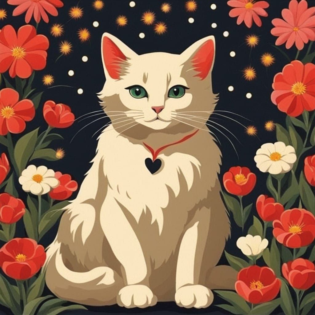Cute Cat Surrounded by Vibrant Flowers in a Modernist Art St...