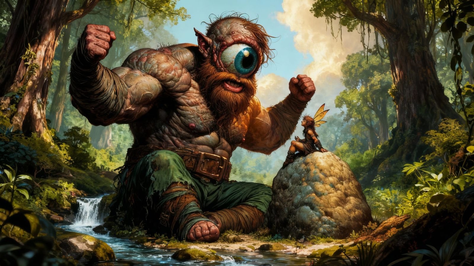 Friendly Forest Cyclops Chats with Elf