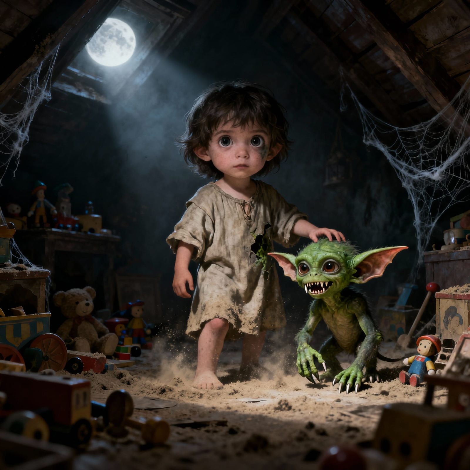 Child Transforms Into Whimsical Gremlin in Dusty Attic