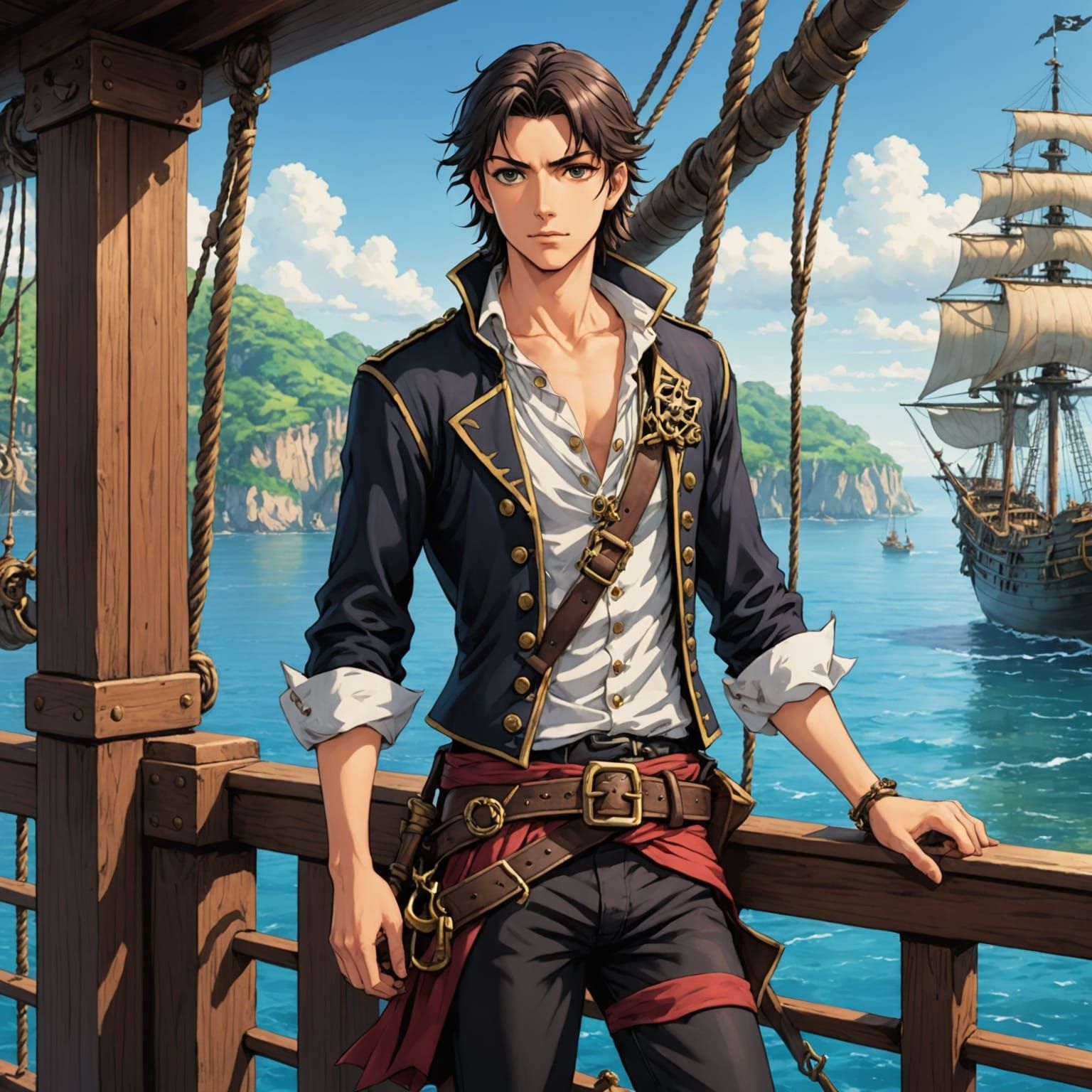 Handsome Bishonen Pirate on Ship: Anime Manga Art