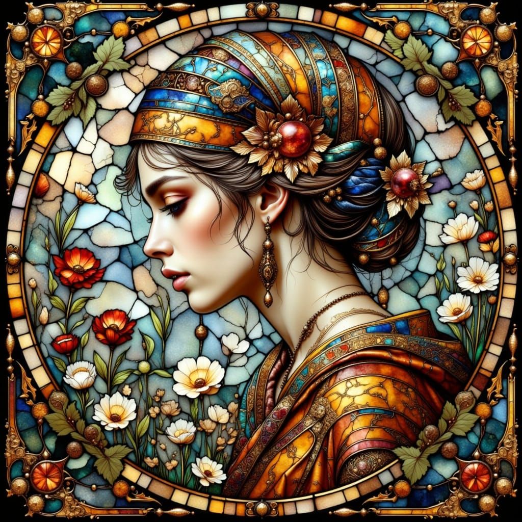 Glowing Art-Nouveau Stained Glass Feminine Portrait