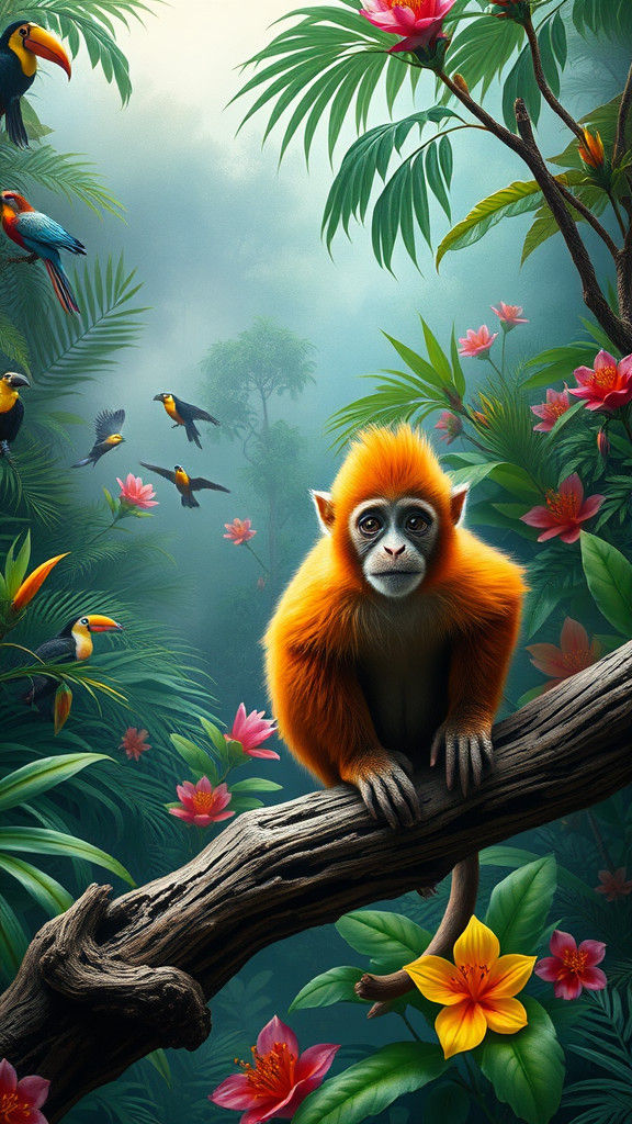 Lush Rainforest Monkey Portrait in Naive Art Style