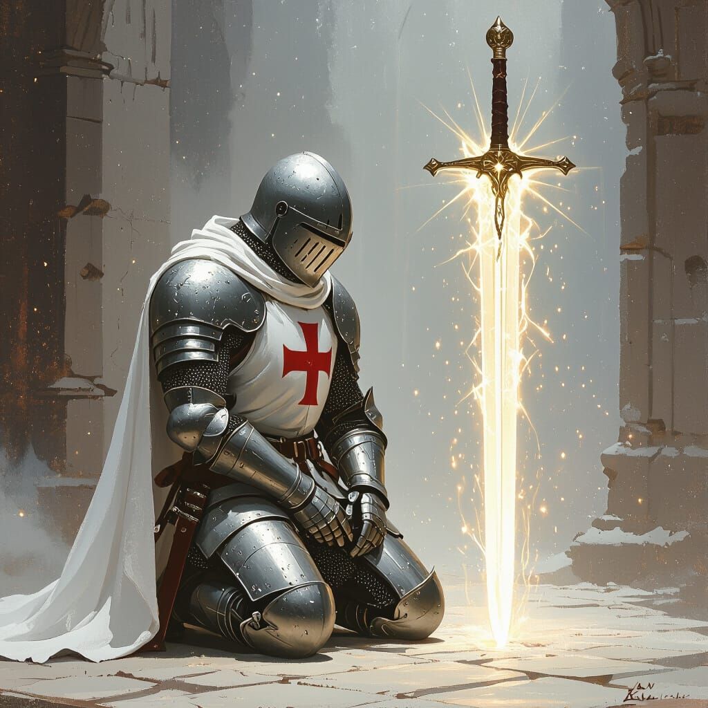 Knight with Glowing Sword in Mystical Landscape