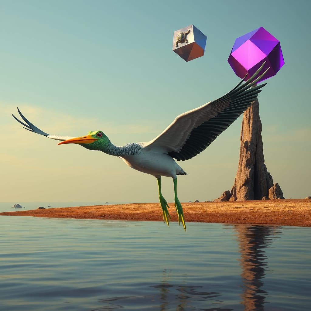 Frog-like Bird Gliding Above Water in Surreal Scene