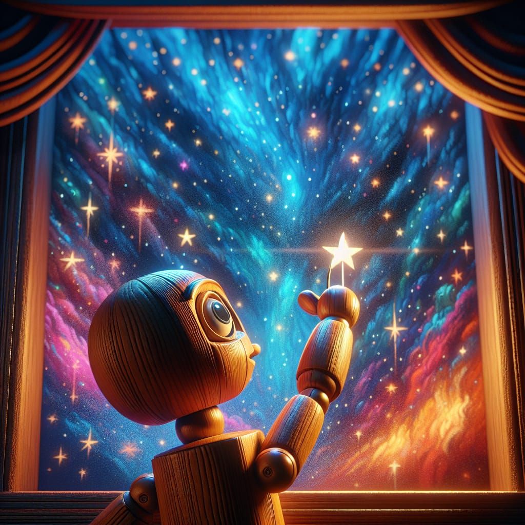 Wooden Puppet Wishes on a Star: 3D Digital Art