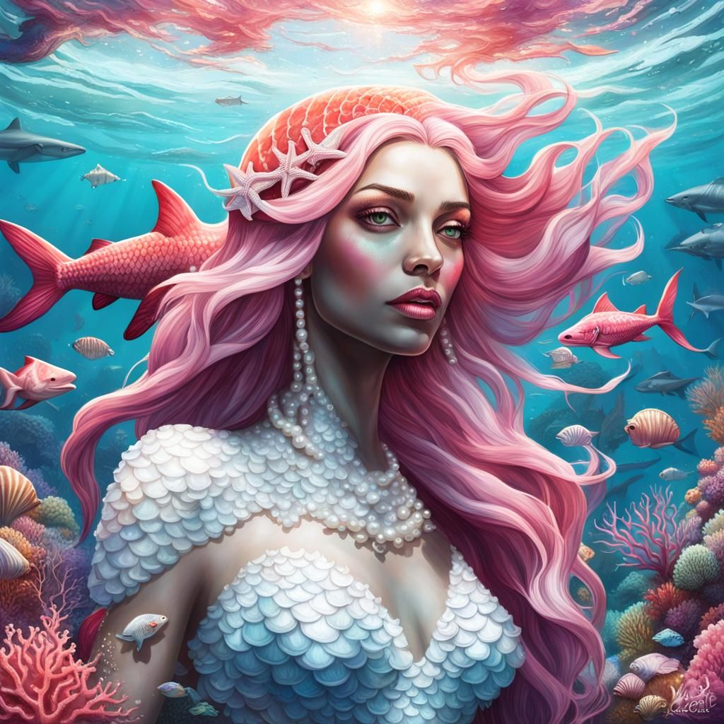 Pink Mermaid Under the Sea in Hyperrealistic Style