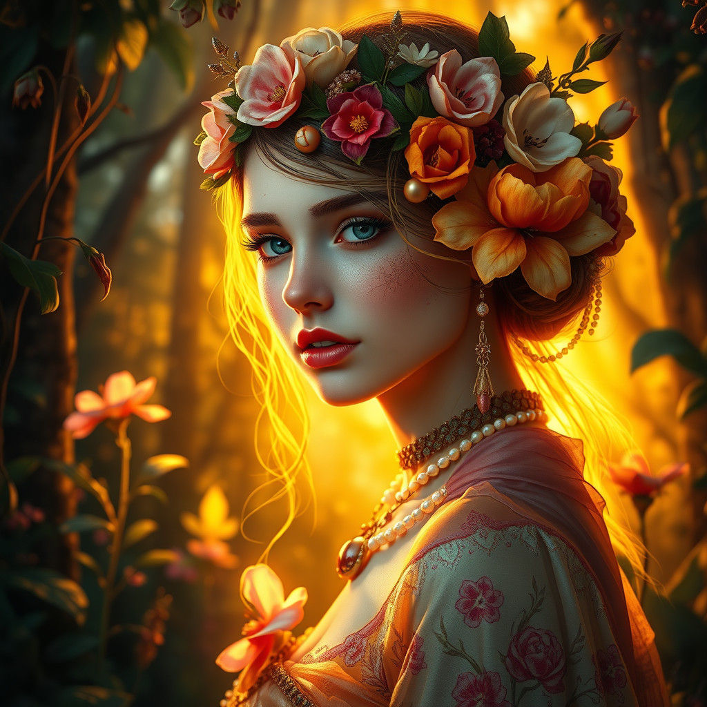Ethereal Flower Girl Portrait in Enchanted Forest