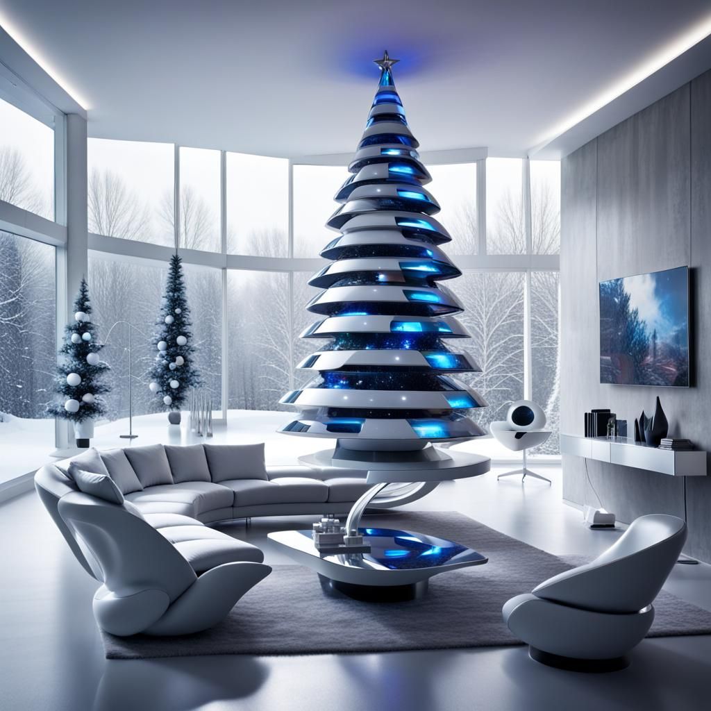Futuristic Christmas Tree in Space-Age Living Room