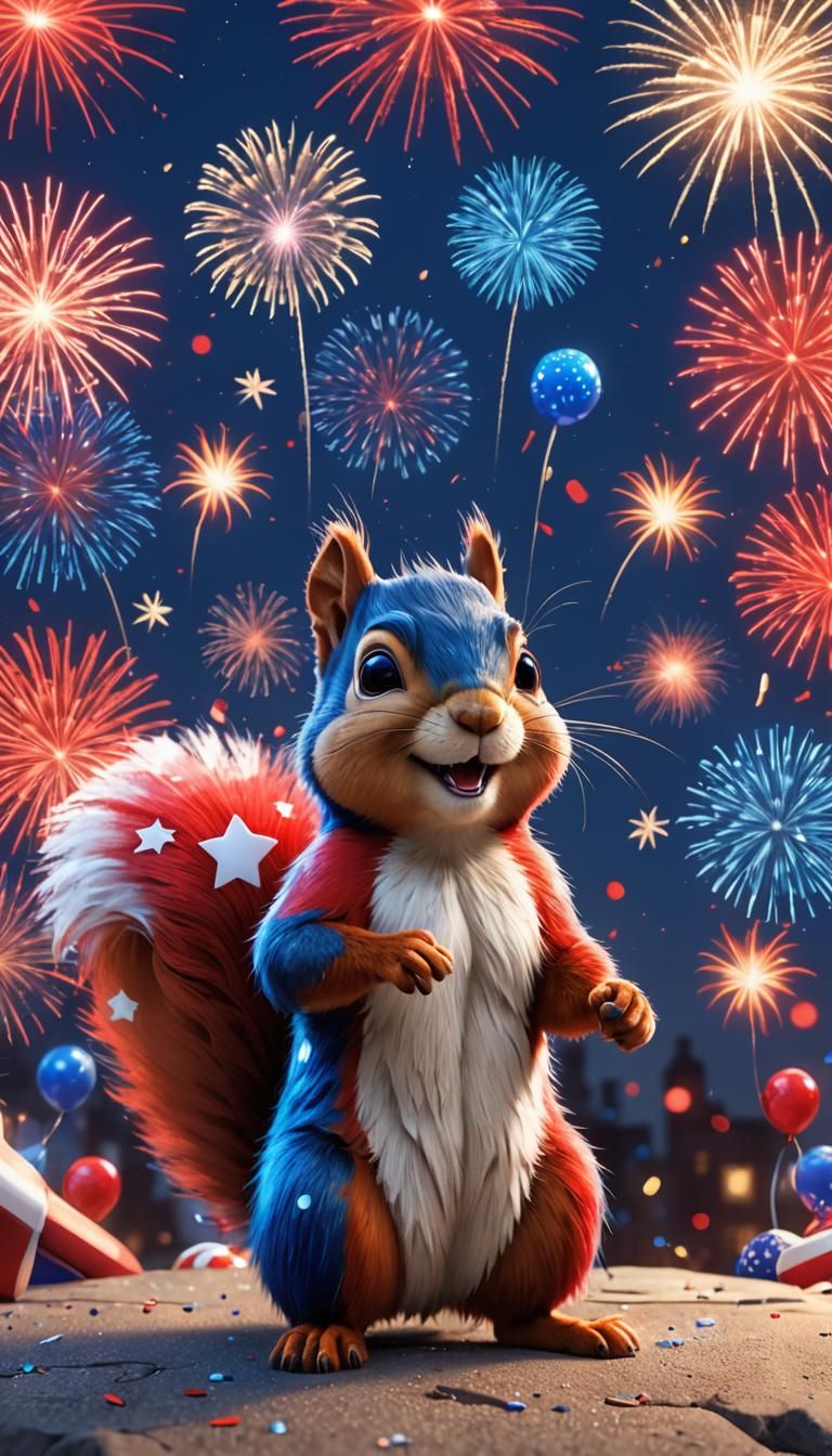 Patriotic Squirrel Celebrates 4th of July Fireworks