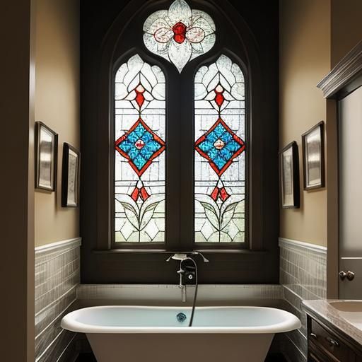 Illuminated Stained Glass in an Old Bathroom