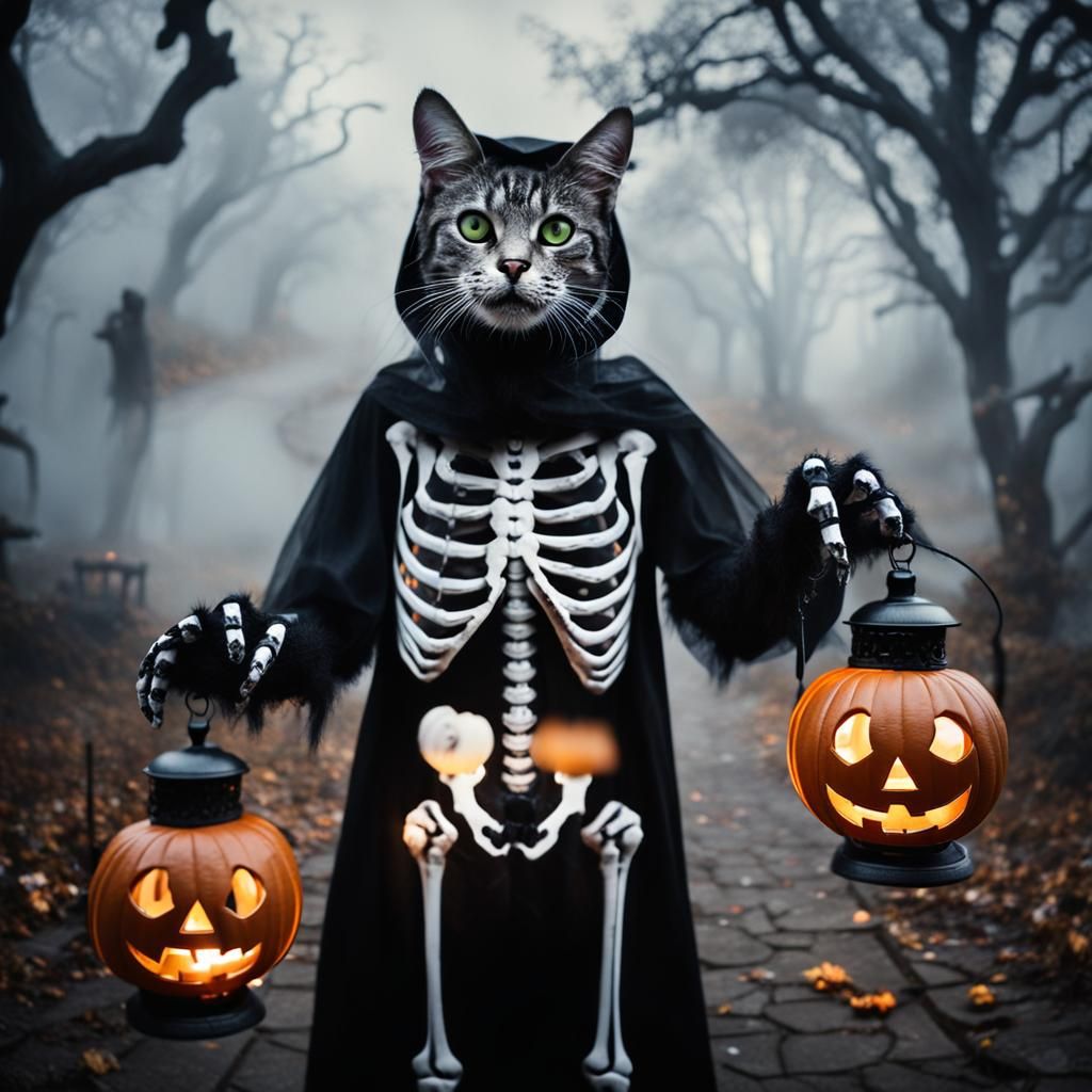 Halloween Cat in Skeleton Costume, Gothic Art
