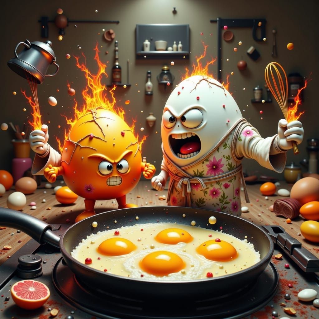 Furious Egg Assaults Terrified Teapot in Whimsical Kitchen