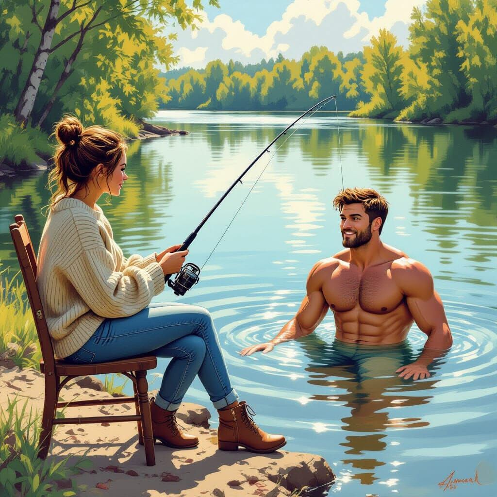 Humorous Fishing Scene with Man Pulled from River