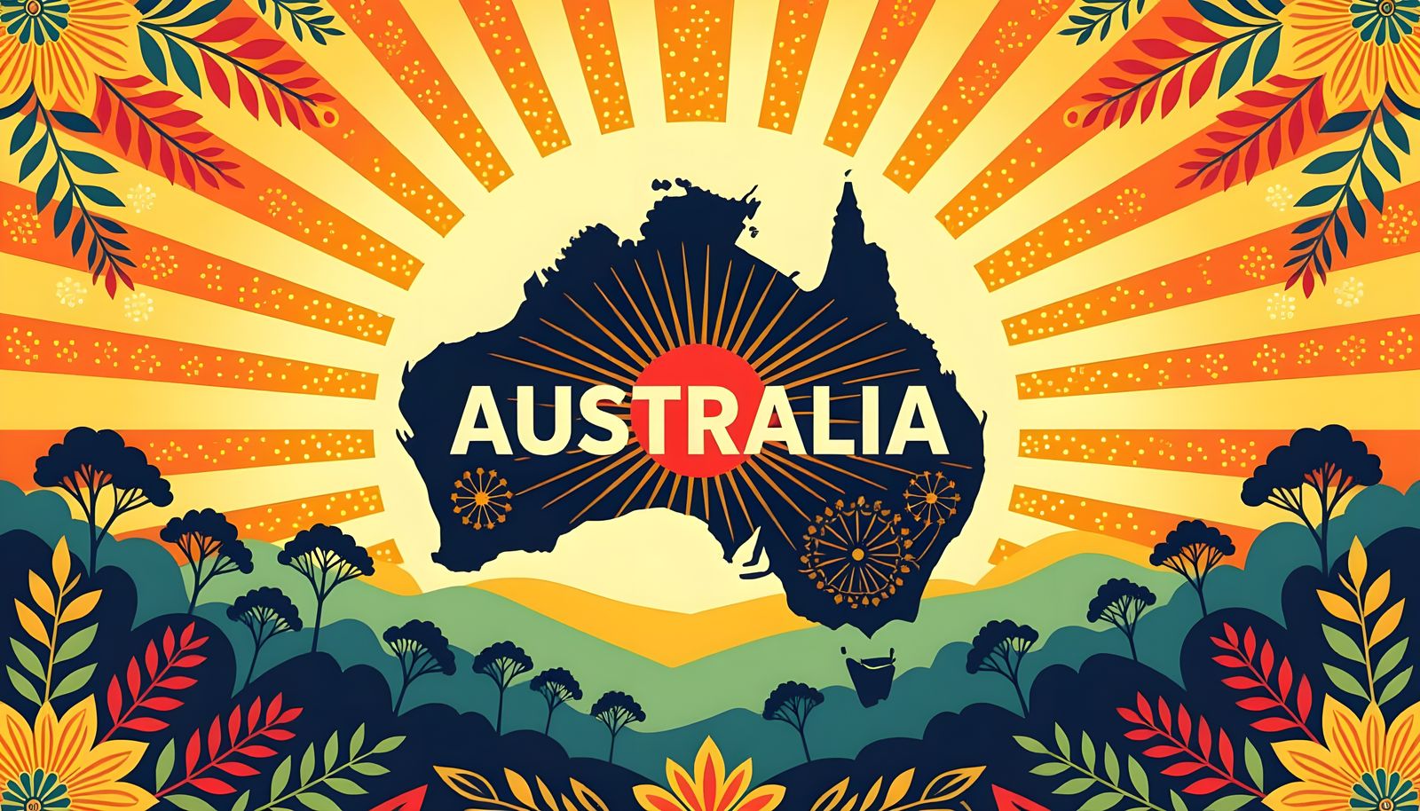 Vibrant Australia Outline with Sunrise and Festive Elements