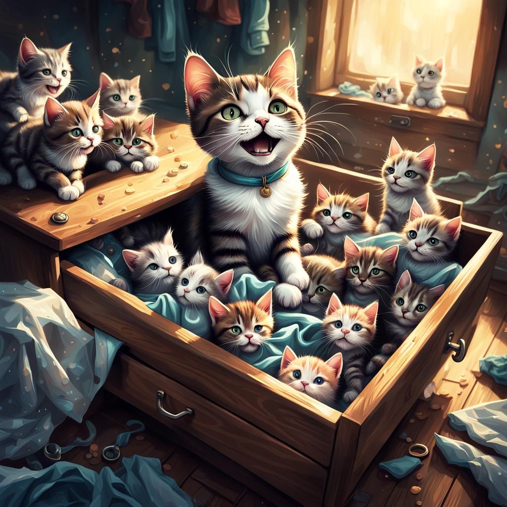 Girl Finds Adorable Cat and Kittens in Drawer