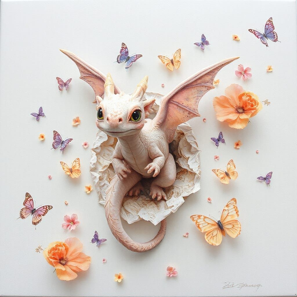 Baby Dragon Emerging From Canvas in Pastel Art Style