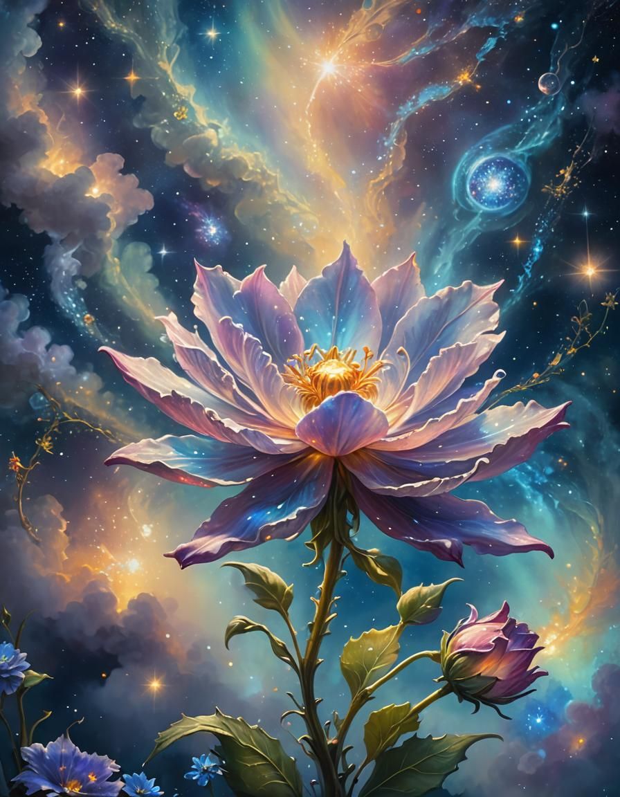 Space Flower Blooms in Astral Mist: Oil Painting